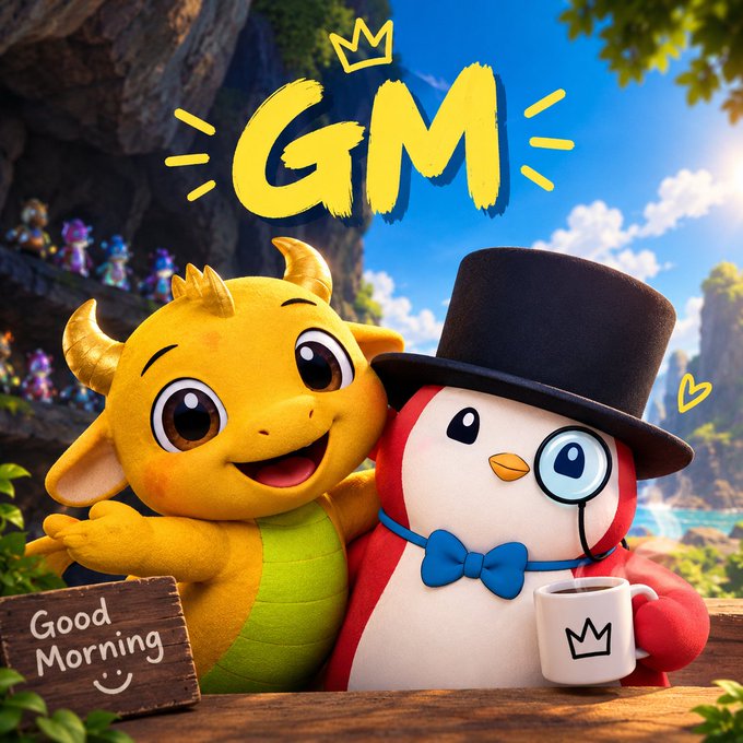 A 'GM' (Good Morning) themed illustration featuring a smiling yellow dragon character and a red-and-white penguin-like character wearing a top hat and monocle, with a 'Good Morning' sign and a 'GM' crown graphic.