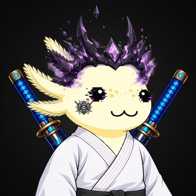 A digital illustration of a cartoonish character in a white robe with a pixel art face, wearing a dark horned crown with glowing purple crystals, and wielding two blue-bladed swords on its back.