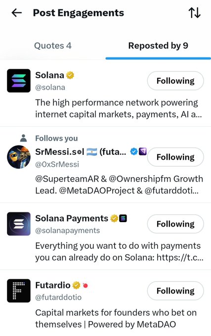 A Twitter/X 'Post Engagements' screen showing the 'Reposted by 9' tab with accounts including Solana (@solana), SrMessi.sol (@0xSrMessi), Solana Payments (@solanapayments), and Futardio (@futarddotio).
