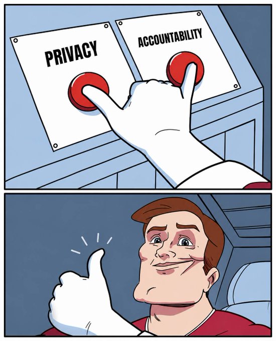 A two-panel comic showing a cartoon hand simultaneously pressing red buttons labeled "PRIVACY" and "ACCOUNTABILITY," followed by a smiling man giving a thumbs-up.