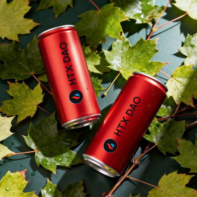 Two red beverage cans branded with 'HTX DAO' and a blue logo sit among wet green maple leaves.
