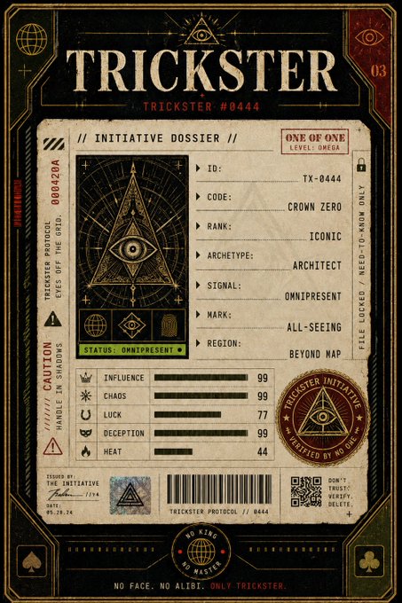 An ornate vintage-style dossier card titled 'TRICKSTER #0444' featuring mystical symbols including an all-seeing eye, character stats (Influence 99, Chaos 99, Luck 77, Deception 99, Heat 44), and the tagline 'NO FACE. NO ALIBI. ONLY TRICKSTER.'