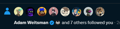 A social media notification bar shows that 'Adam Weitsman' and 7 others followed a user, displaying various profile pictures.