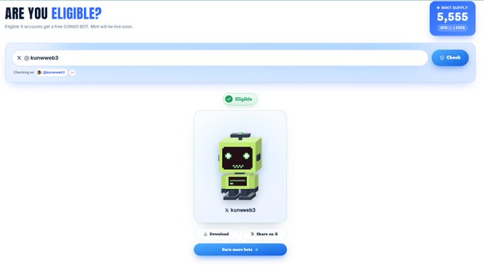 An "Are You Eligible?" webpage showing that X account @kumweb3 qualifies for a free CONSO BOT, with a green robot mascot displayed as eligible alongside metrics like a 5,555 X mint supply, tying into the post's mention of Conso's reputation-based agentic collectibles (CONSO BOTS) built on the Sui blockchain.