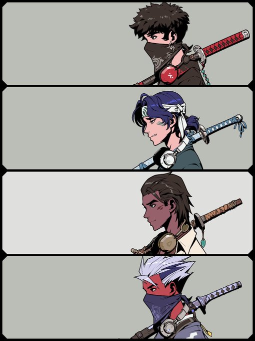 An anime-style illustration showing four character portraits in separate panels, each depicted in profile view with a sword strapped to their back, featuring characters with varied hair colors and face coverings.