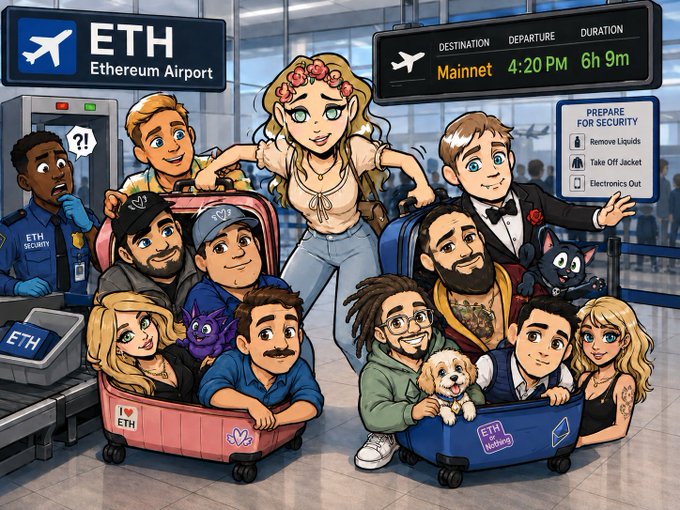 A cartoon-style illustration of 'Ethereum Airport' showing various crypto personalities crowded into suitcases heading to Mainnet departure at 4:20 PM.