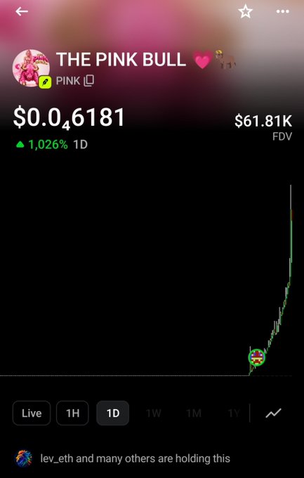 A mobile app screenshot for a cryptocurrency called 'THE PINK BULL' (ticker PINK), showing a price of $0.0...6181 and a 1,026% increase in 1 day on a candlestick chart.