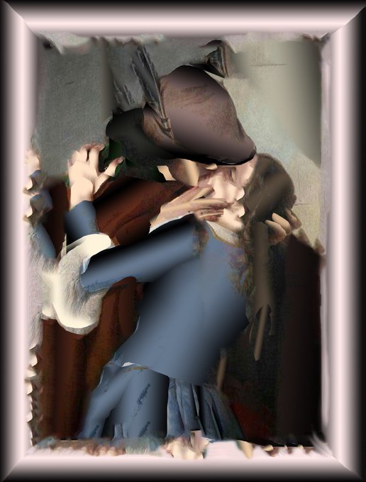 Surreal, distorted artwork in a silver frame depicting a figure wearing a wide-brimmed hat embracing a smaller figure in a blue outfit, with melting, dreamlike visual effects.