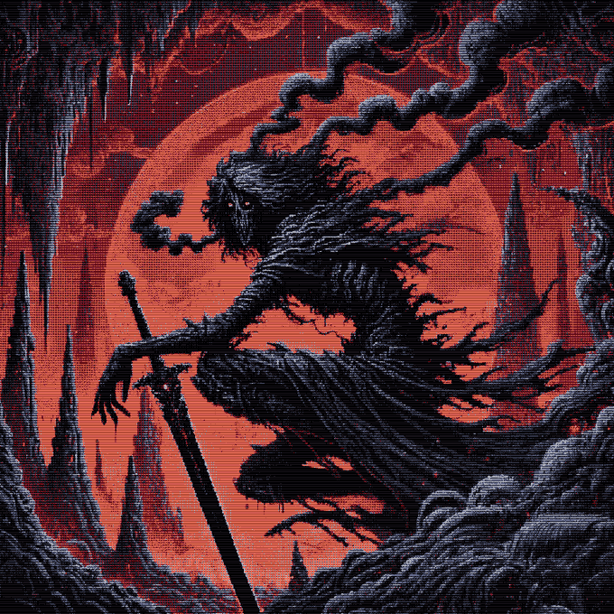 The image features a dark, spooky scene with a large red circle dominating the background. The central figure of the image is a person dressed in black clothing, holding a sword and surrounded by various elements that contribute to the eerie atmosphere. The caption above the image reads """The Draz'Khalith Waits" by @enderdiril 24 hrs and all mine superrare.com/artwork/eth/0x ...". This suggests that the artist who created this piece is interested in exploring themes of darkness, mystery, and the unknown. The use of a red circle as a backdrop further emphasizes these themes, creating an overall sense of unease or dread for the viewer.