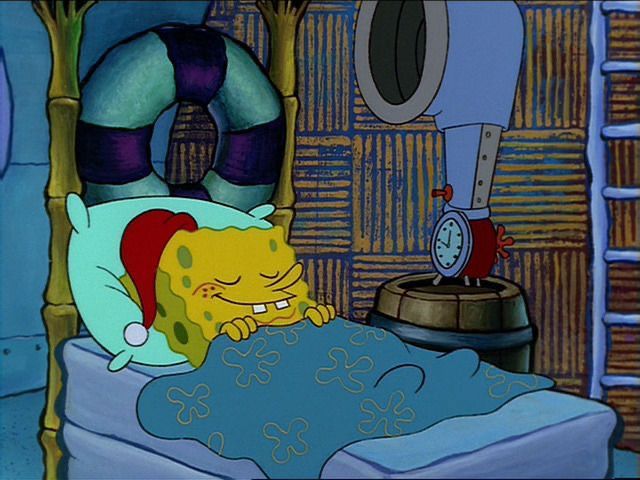 An animated scene shows SpongeBob SquarePants sleeping peacefully in bed wearing a red Santa hat, covered by a blue blanket with flower patterns, with a clock visible in the background.