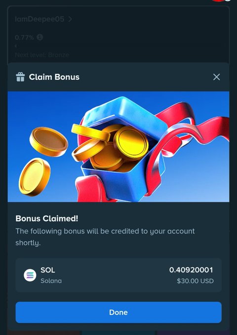 A mobile app 'Claim Bonus' screen for user IamDeepee05 showing a 3D gift box with gold coins, confirming a bonus claim of 0.40920001 SOL ($30.00 USD) credited to the account.