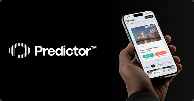 A promotional image for "Predictor™" featuring the logo on the left and a hand holding a smartphone displaying the app interface with a prediction for a SpaceX rocket landing in 2025.