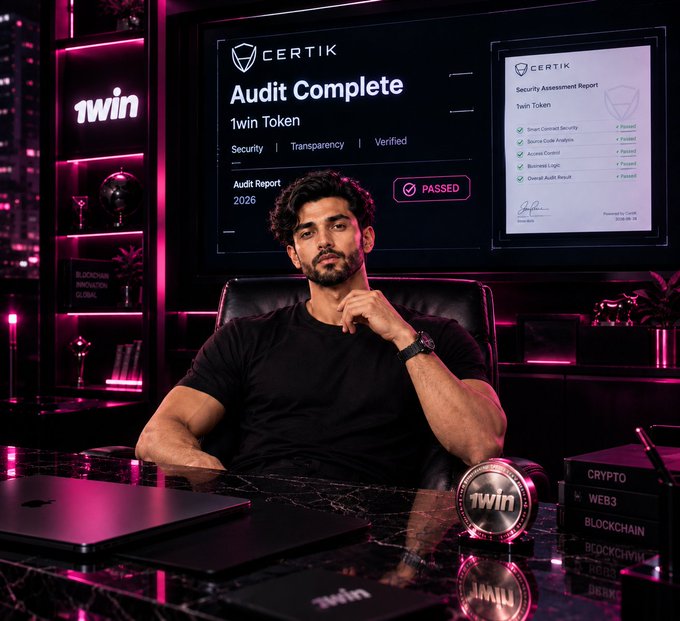 A man sitting in front of a screen displaying 'CERTIK Audit Complete' for the 1win Token, marked as 'PASSED' with security verification details.