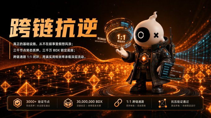 Chinese promotional banner for '跨链抗逆' (Cross-chain Anti-Reversion) featuring a cartoon mascot character, advertising 1:1 cross-chain liquidity, 3000+ validation nodes, 30,000,000 BDX locked volume, and anti-rug-pull protection.