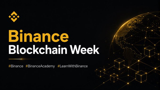 A promotional graphic for "Binance Blockchain Week" featuring Binance's logo and hashtags #Binance, #BinanceAcademy, and #LearnWithBinance against a dark background with a glowing networked globe and blockchain cubes. The image visually supports the post's focus on Binance Blockchain Week, complementing the discussion about the meaningful conversations and evolving narratives emerging from the crypto event rather than just headline announcements.