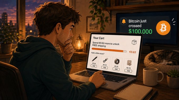 An illustration of a person shopping online with a notification that 'Bitcoin just crossed $100,000', showing a cart needing €0.63 more for free shipping, with a sleeping cat nearby.