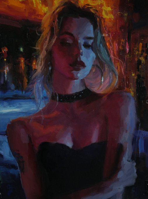 An oil painting-style portrait of a blonde woman in a black dress with a choker necklace, illuminated by moody blue and red lighting.