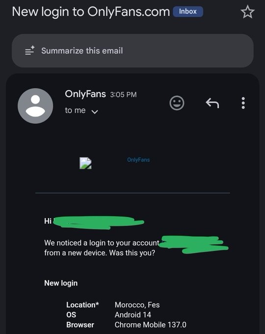 A screenshot of an email notification from OnlyFans.com alerting the user of a new login to their account from a new device, showing details: Location: Morocco, Fes; OS: Android 14; Browser: Chrome Mobile 137.0.