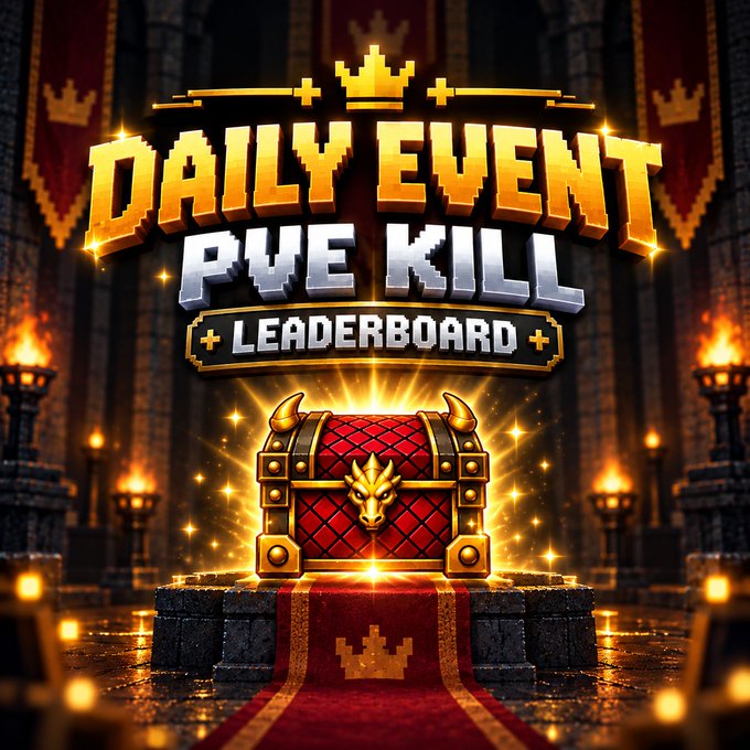 Game promotional banner titled 'DAILY EVENT PVE KILL LEADERBOARD' featuring an ornate red and gold treasure chest with a dragon emblem on a pedestal in a castle setting.