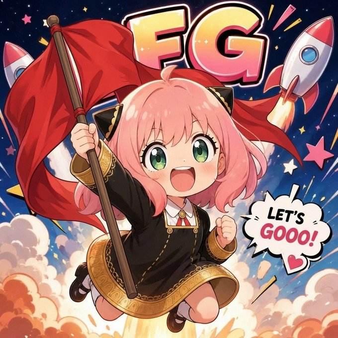 A cheerful anime girl with pink hair and cat ears triumphantly waves a red flag while soaring through a starry sky alongside rockets, with "FG" displayed prominently above and a speech bubble exclaiming "LET'S GOOOO!"—a vibrant honorary fan art piece celebrating Belle's community and the Red Flags NFT collaboration.