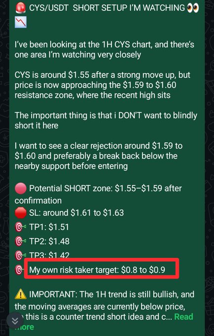 A trading analysis post outlines a short setup for CYS/USDT, detailing potential entry points, stop losses, and take profit targets.