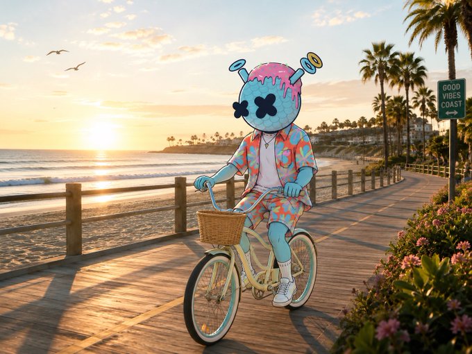 A blue cartoon creature with an ice cream cone head riding a bicycle along a coastal boardwalk at sunset, with a 'GOOD VIBES COAST' sign visible.