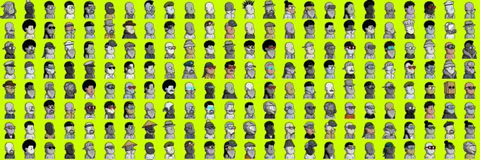A grid of 9990 unique pixel-art NPC (non-player character) avatars displayed against a green background, representing the collection from the "Freemint Find" tweet by @npcsinthehood, a free mint launching in July on the Robinhood chain. The pixel characters showcase a variety of hairstyles, facial features, and accessories, highlighting the diversity of the NFT collection's supply.