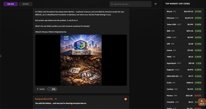 This image displays a social media post about NexID, a Web3 identity solution built on Solana, featuring an illustration related to digital identity. The post promotes an alpha points campaign and is accompanied by real-time cryptocurrency market data, with Solana (SOL) highlighted.