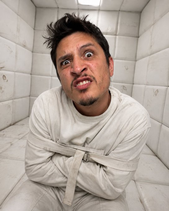 A distressed-looking man in a straitjacket sits confined within a padded white room, his panicked expression and restraints mirroring the post's narrative of a founder being "admitted," "stable," and "separated from the deploy keys" under the new Machine Council governance.