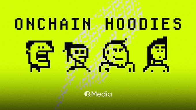 A bright neon yellow and green graphic with the pixelated text 'ONCHAIN HOODIES' above four pixel-art character sprites, with a small 'Q.Media' logo at the bottom.