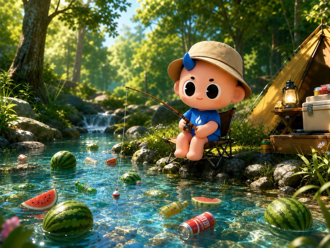 An adorable cartoon baby in a bucket hat sits by a sunlit stream fishing with a small rod, surrounded by floating watermelons, soda cans, and fruit slices. The scene playfully illustrates the Chinese expression "摸鱼" (literally "touching fish," meaning slacking off at work), as the baby "fishes" in literal fish-filled waters on a weekend.