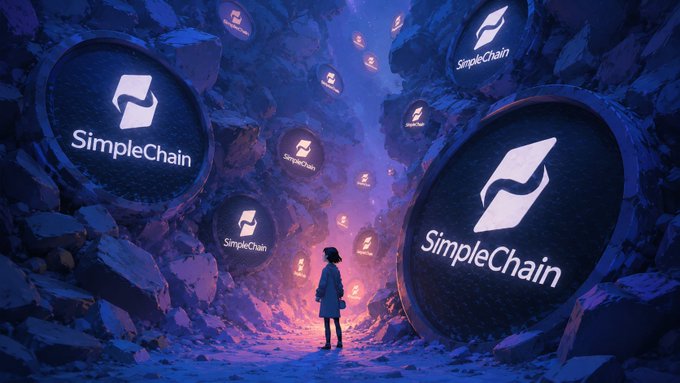 A person stands before giant glowing SimpleChain logos embedded in a rocky cave, with smaller SimpleChain icons floating in the air around them.