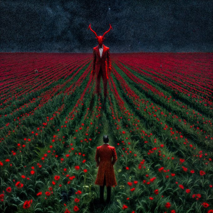 A surreal, dark digital artwork depicts a man in a red coat facing a tall horned figure across a vast field of red flowers under a night sky.