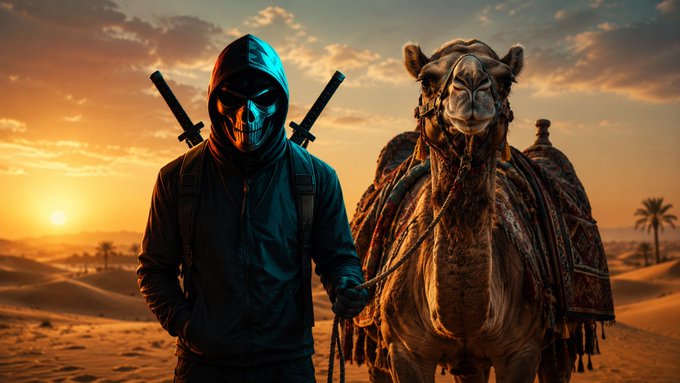 A masked figure in a dark hooded jacket with swords strapped to their back stands beside a saddled camel in a desert landscape at sunset.