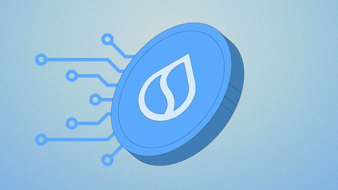 A digital illustration of a blue circular SUI (Sui) cryptocurrency token logo with circuit-like lines extending from it on a light blue background.