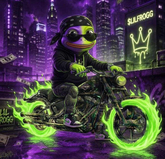 A digital illustration of a green frog character with sunglasses and a bandana riding a motorcycle with glowing green wheels through a purple neon cityscape, with signs reading '$LILFROGG'.