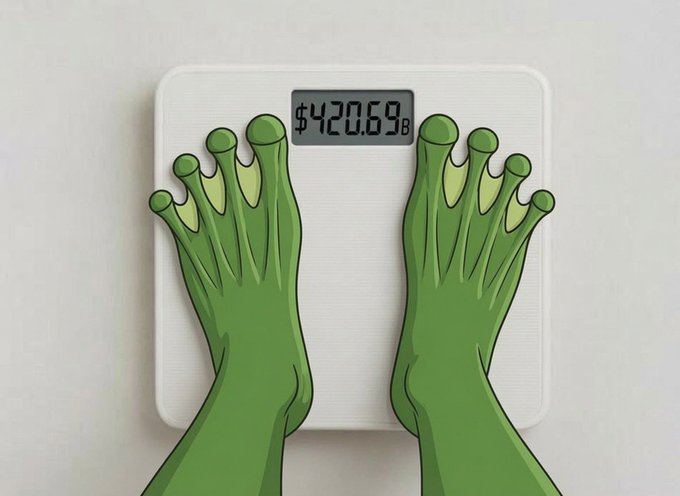 An illustration of green cartoon frog feet standing on a digital scale that reads '$420.69B'.