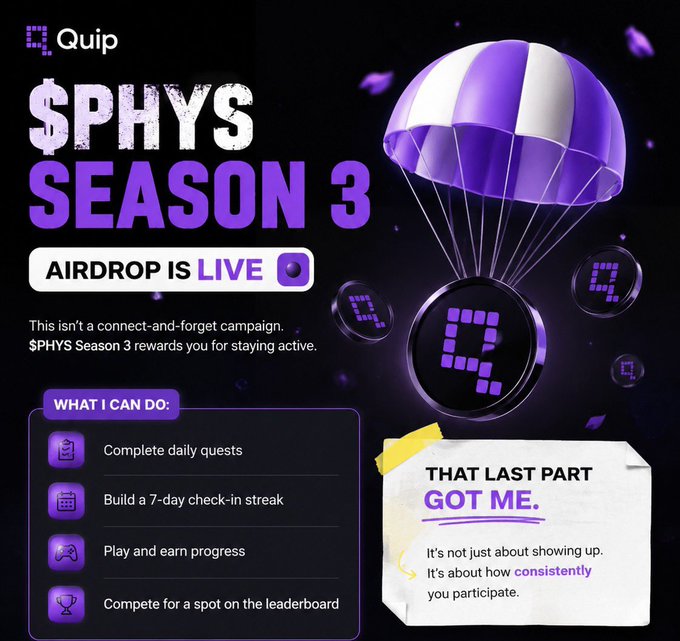 Promotional graphic for Quip's $PHYS Season 3 airdrop, featuring a purple parachute delivering a token and listing activities like completing daily quests and building a 7-day check-in streak.