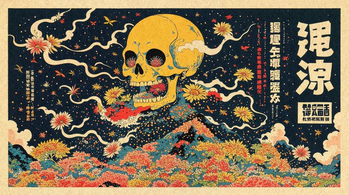 An ornate Japanese-style artwork featuring a yellow skull surrounded by swirling clouds and flowers, with Chinese/Japanese text including '混沌' and '謹慎 予事 強盗 久'.