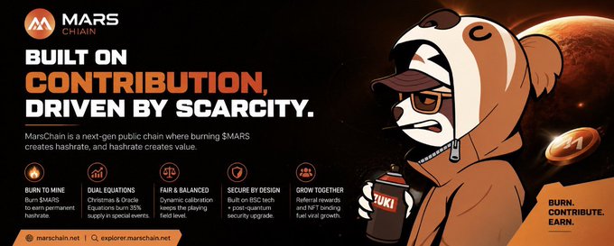 The image features an advertisement for Mars, Inc., which has a cartoon character dressed as a bear holding a coffee cup. The text on the image reads "Built on contribution driven by scarcity." This suggests that the company's business model revolves around rewarding users with more mining rewards when they contribute to the network through their mining efforts. The image also includes a link to the Mars blockchain project, which is designed to ensure sustainability and balance within the network over time.