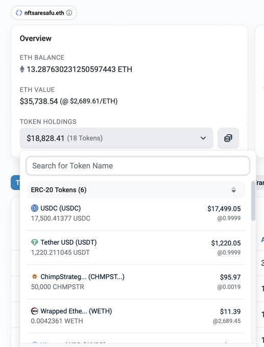 A screenshot of the 'nftsaresafe.eth' crypto wallet overview displays an ETH balance of 13.287630231250597443 ETH valued at $35,738.54, along with ERC-20 tokens including USDC and USDT.