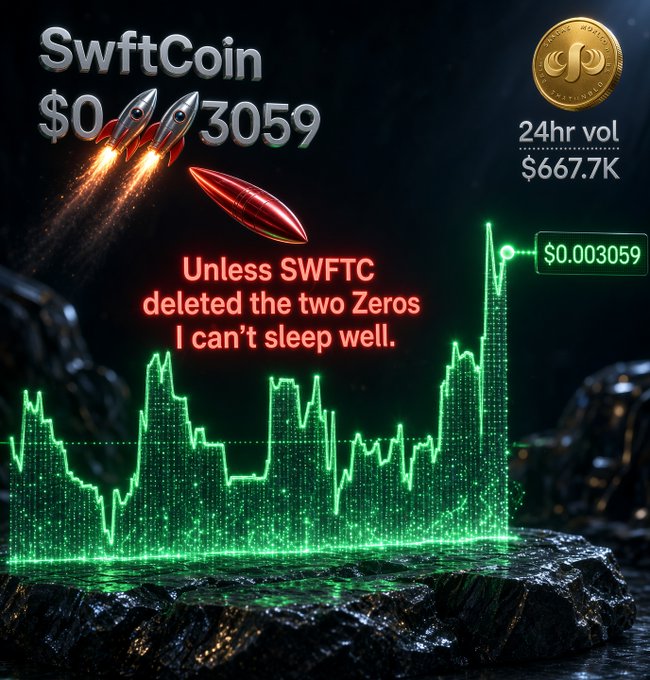 A promotional graphic for "SwftCoin" ($SWFTC) displays the ticker symbol alongside a price of $0.003059, a 24-hour volume of $667.7K, and rockets launching upward over a green candlestick chart—visually emphasizing the post's concern about the coin's sub-cent valuation requiring two leading zeros.