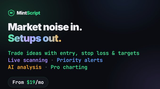 A dark-themed advertisement for MintScript, a trading platform with the tagline 'Market noise in. Setups out.', featuring features like trade ideas, live scanning, AI analysis, and pricing starting from $19/mo.