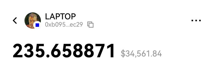 A MetaMask wallet labeled "LAPTOP" (address 0xb095...ec29) holding 235.658871 tokens valued at $34,561.84, serving as visual proof of holdings to support a giveaway post offering 20 winners 50 $LAPTOP tokens each.