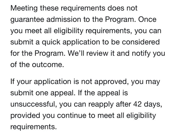 A text excerpt in English explaining an application process, stating that meeting requirements doesn't guarantee admission, with a 42-day waiting period for reapplication after an unsuccessful appeal.