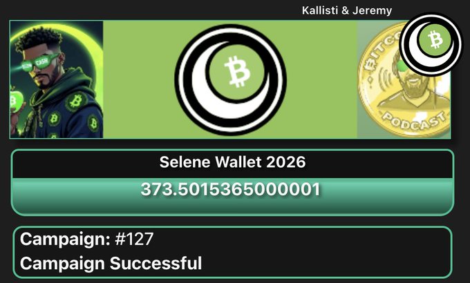 The image features a poster with a green background that displays information about Selene Wallet 2026. The poster includes details such as the campaign number, the fundraising goal, and the amount raised so far. It also highlights the success of the campaign, stating that they have raised funds for the next year's development. The text on the poster is in black, making it stand out against the green background.