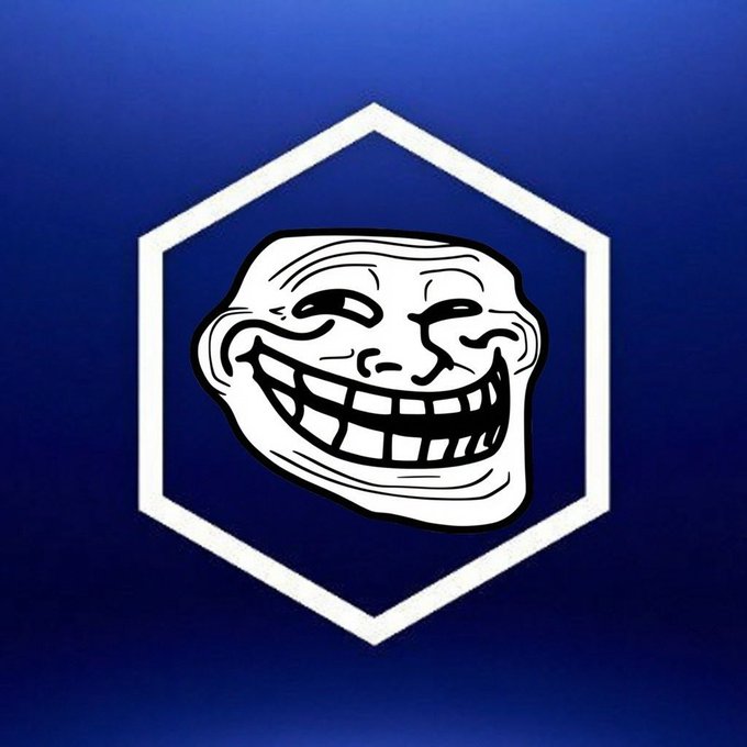 A classic troll face meme is centered within a white hexagonal frame against a blue gradient background, visually capturing the playful, mischievous spirit of the $TROLL token being referenced in the post.