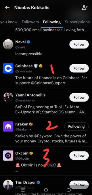 The screenshot shows Nicolas Kokkalis's Twitter "Following" list, with red markings highlighting that he follows Coinbase (@coinbase), Kraken (@krakenfx), and Okcoin (@Okcoin) exchanges—consistent with the post's claim that Pi Coin has already been listed on OKX and Kraken, with Coinbase being the next anticipated listing.