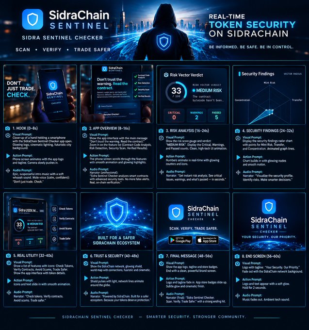 A promotional infographic for 'SidraChain SENTINEL CHECKER' advertising 'REAL-TIME TOKEN SECURITY ON SIDRACHAIN' with 8 sections detailing app features, screenshots, and a risk vector verdict score of 33/100 marked as medium risk.