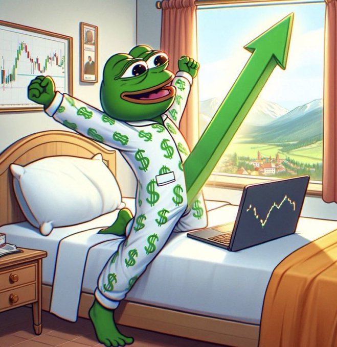 An illustration of a cartoon frog wearing dollar-sign pajamas cheering on a bed with arms raised, with a stock chart on the wall, a green upward arrow, and a laptop showing a rising line graph, symbolizing bullish market gains.